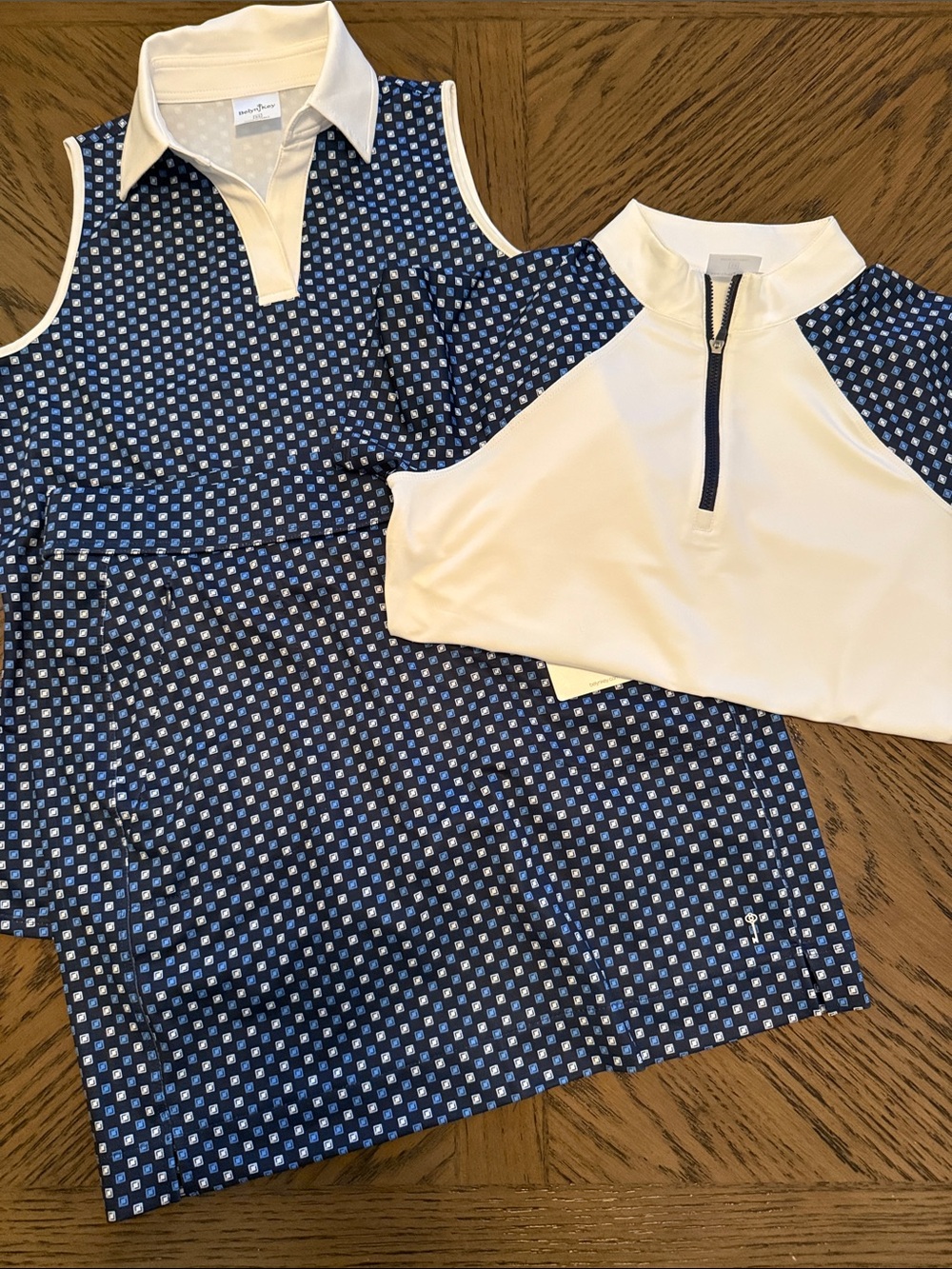 Belyn Key Navy Blue & White Patterned woman’s Skort Set with two different Tops
